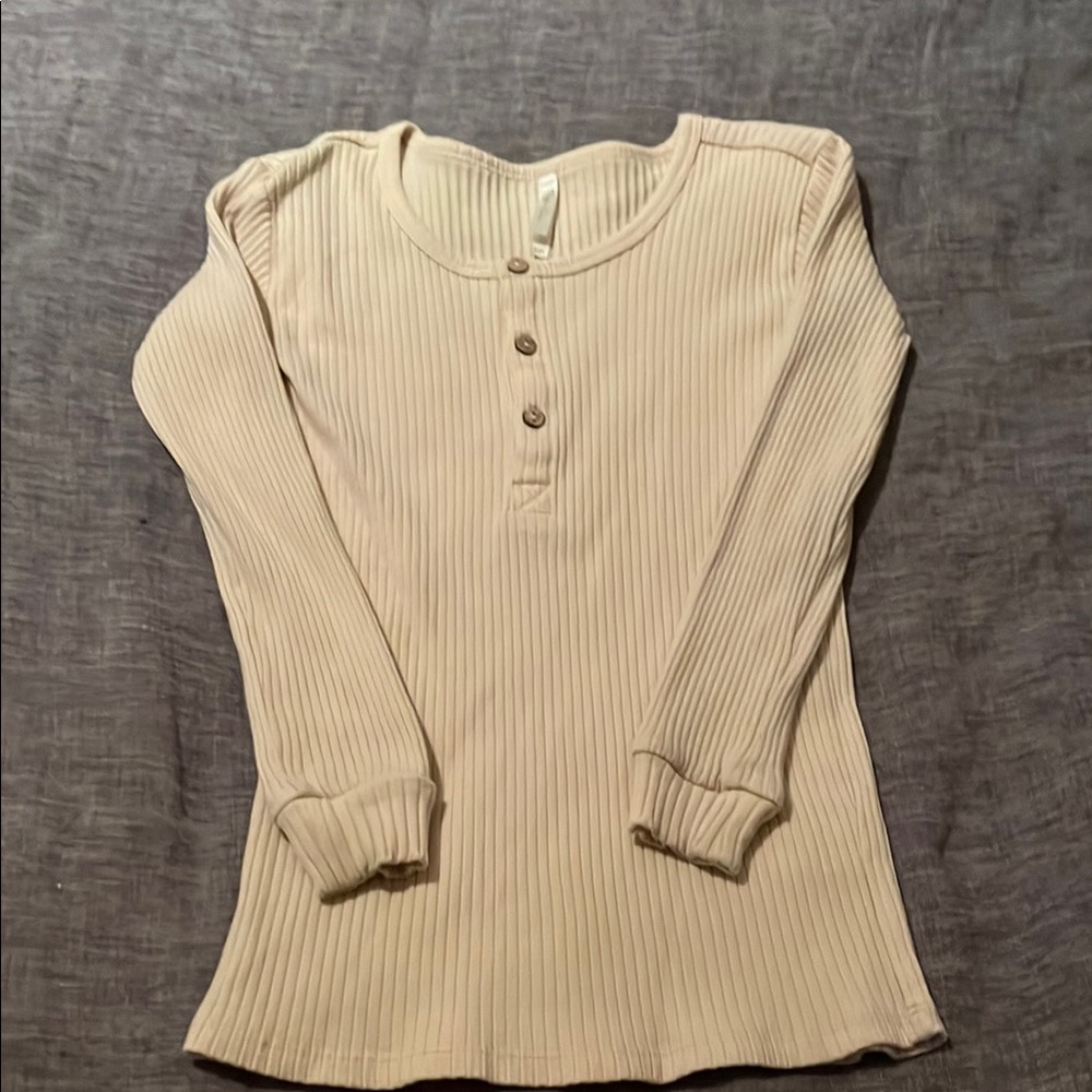 Cream Ribbed Long Sleeve Henley Top